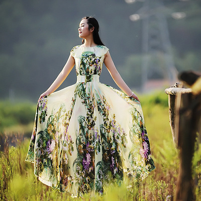 2013YB原创设计数码印花高档双层雪纺圆领连