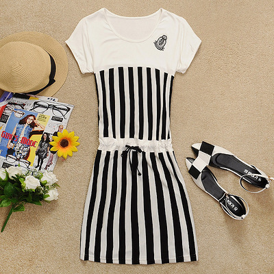 2013夏季新款女裙子 韩版短袖圆领经典条纹宽