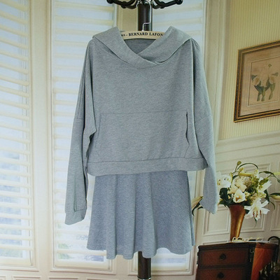 纯色 连帽卫衣连衣裙 两件套 女 欧美休闲 长袖