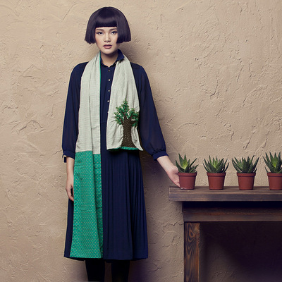 1号花园围巾 女 秋冬 棉麻 千鸟格 手工拼接撞色