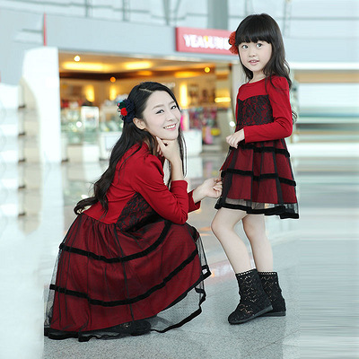 包邮亲子装母女装秋装2013款韩版高腰修身蕾