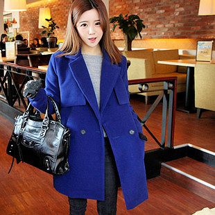 13冬季新款韩版宝蓝色呢大衣毛呢外套 女 - 服