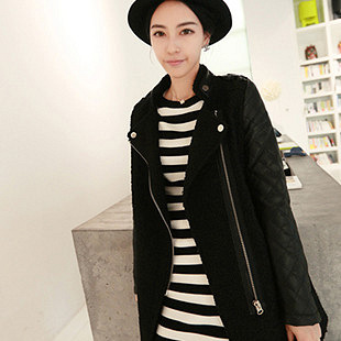 2013新款冬装韩国SZ翻领PU皮拼接长款毛呢大