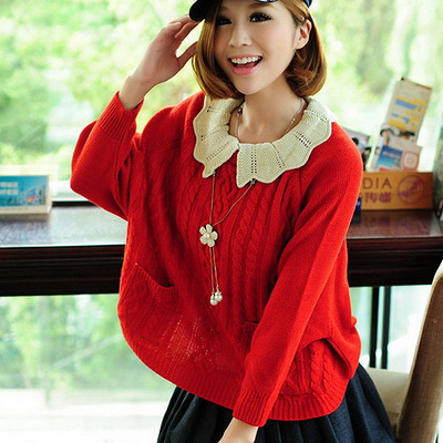 韩版新秋装针织篇幅衫长袖娃娃领女式毛衣 女