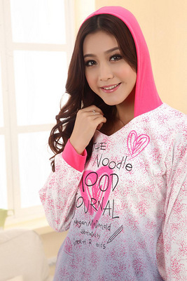 女款睡衣秋冬季纯棉质针织棉连帽心形长袖休闲