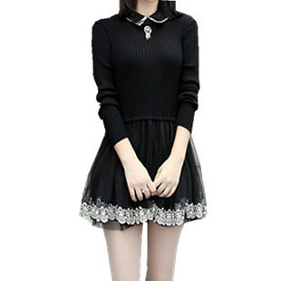 秋冬连衣裙修身针织连衣裙毛衣网纱裙蕾丝刺绣