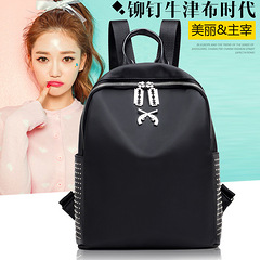 韩版黑色包包双肩包竖款方形牛津纺拉链纯色尼龙铆钉中女双肩背包