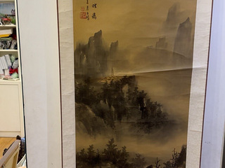 李重辉手绘山水画真迹卷轴，1982年作品 原装原裱，瓷轴头。