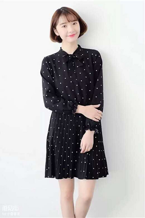 波点蝴蝶结连衣裙女,裙长84 胸围102