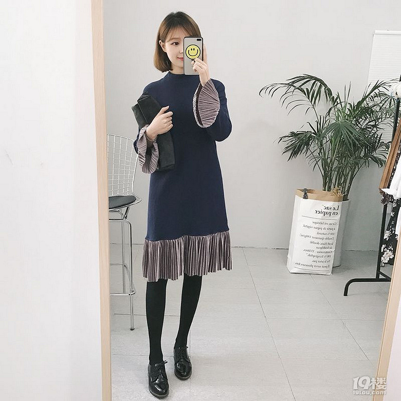 2017春季新款女装中长裙九分袖高腰圆领百褶裙单件拼接棉连衣裙