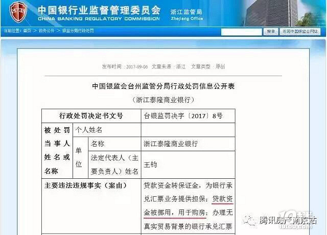 泰隆银行贷款资金挪用于购房被银监局处罚